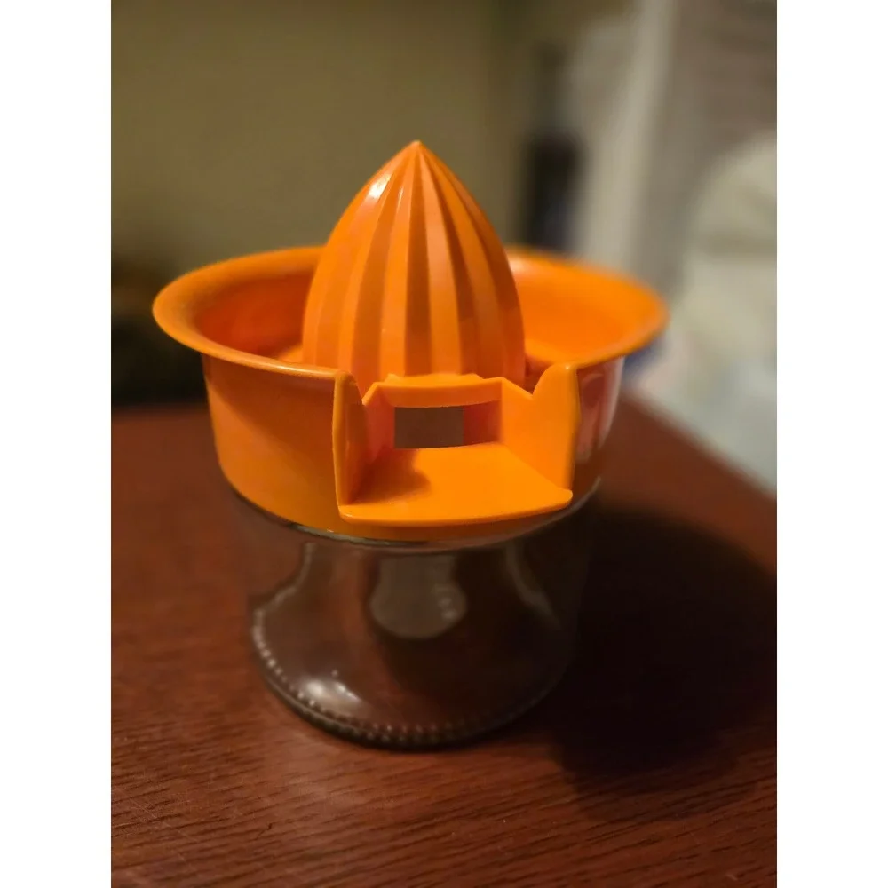 Vintage Orange Plastic Manual Citrus Juicer with Clear Glass Jar Collection Base